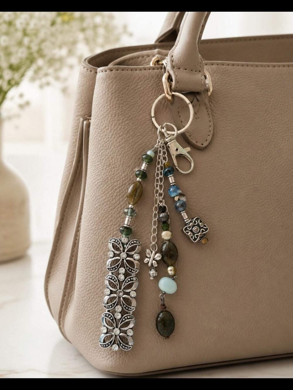 Handcrafted Green Bead and Silver Charm Keychain
